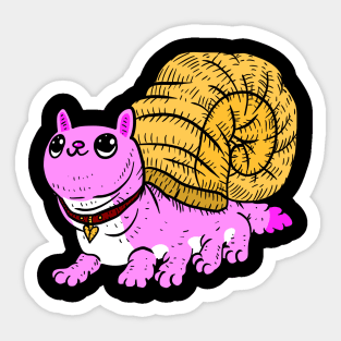 cat snail, pink shelled kitten. weird and funny cartoon. Sticker